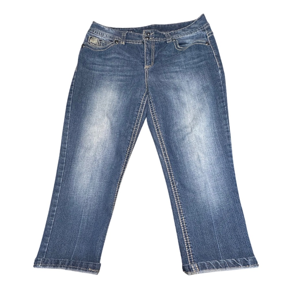 Code Bleu Cropped Jeans Womens 10 Embellished Contrast Stitch Blue Medium Wash